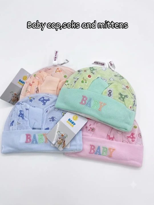 Cute Newborn Baby Cap, Hand Socks & Leg Socks Set (0–6 Months) – 5 Pieces, 1 Pack