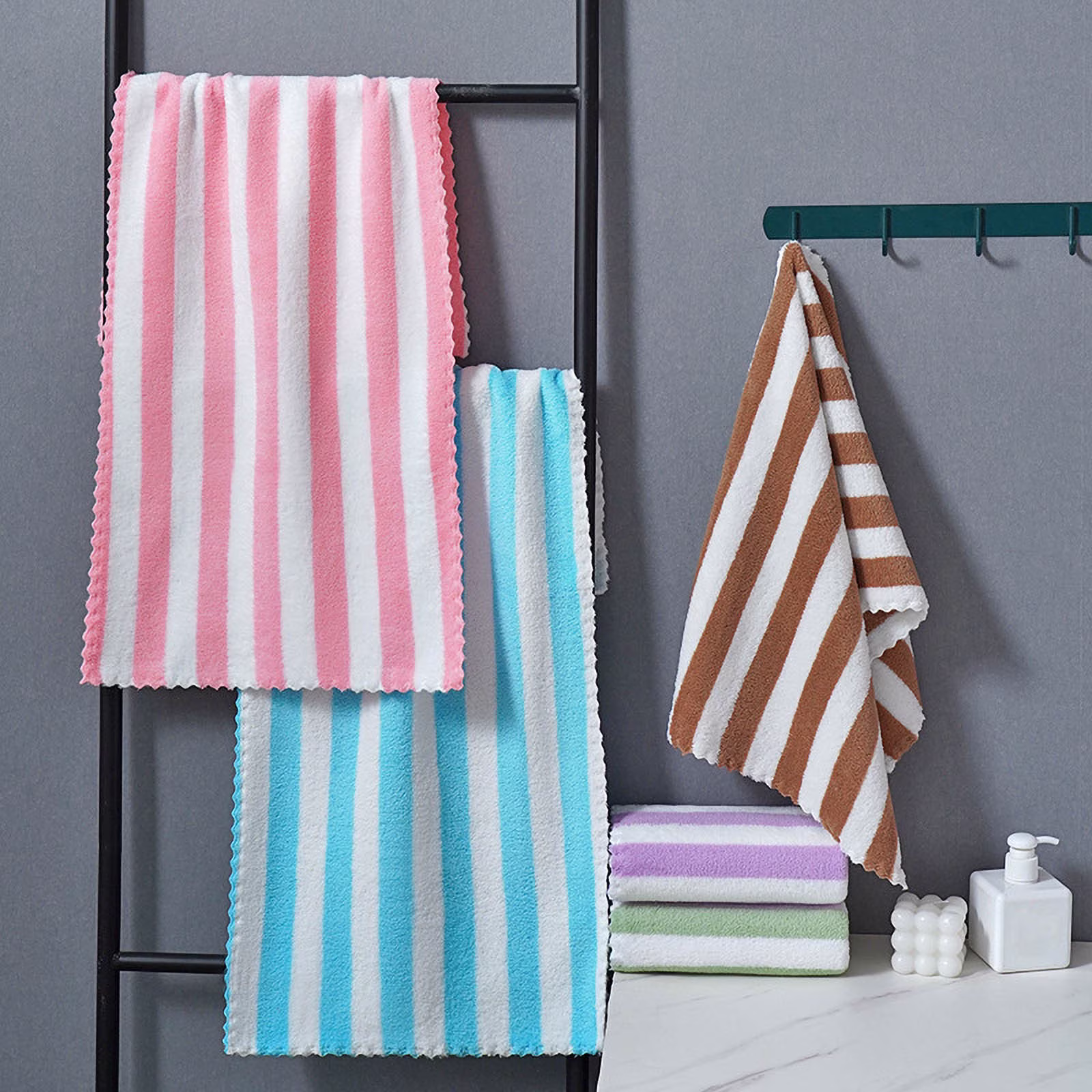 Soft Microfiber Hand & Face Towel for Kids and Adults – Super Absorbent Multicolor Striped Towel - Image 2